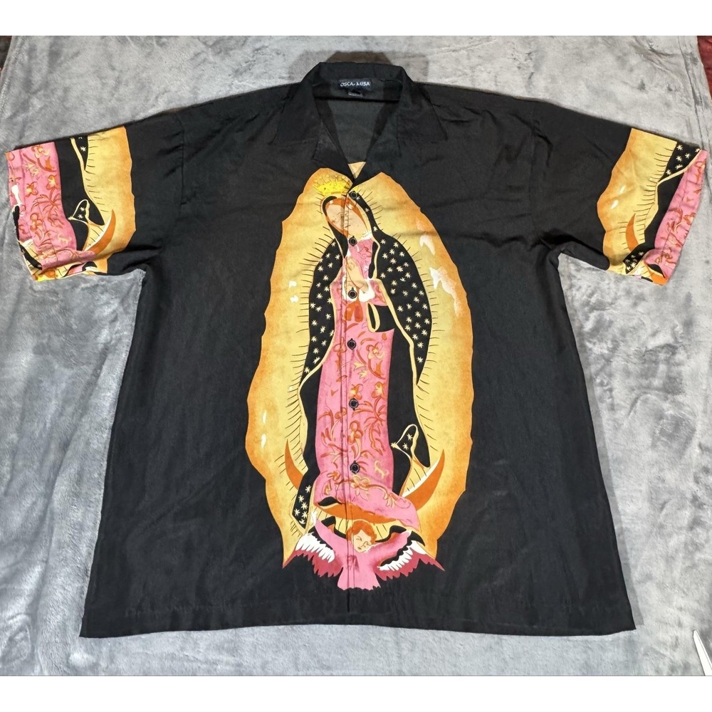 Oscar Misa Shirt Mens Large Black Our Lady Of Guadalupe Religious Button Up